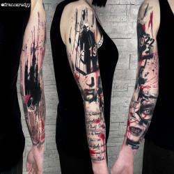 three sides of arm original trash polka tattoo work
