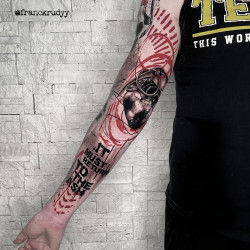 original trash polka tattoo work on arm sleeve