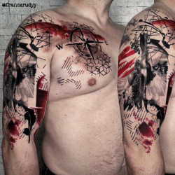 chest and sleeve original trash polka tattoo work